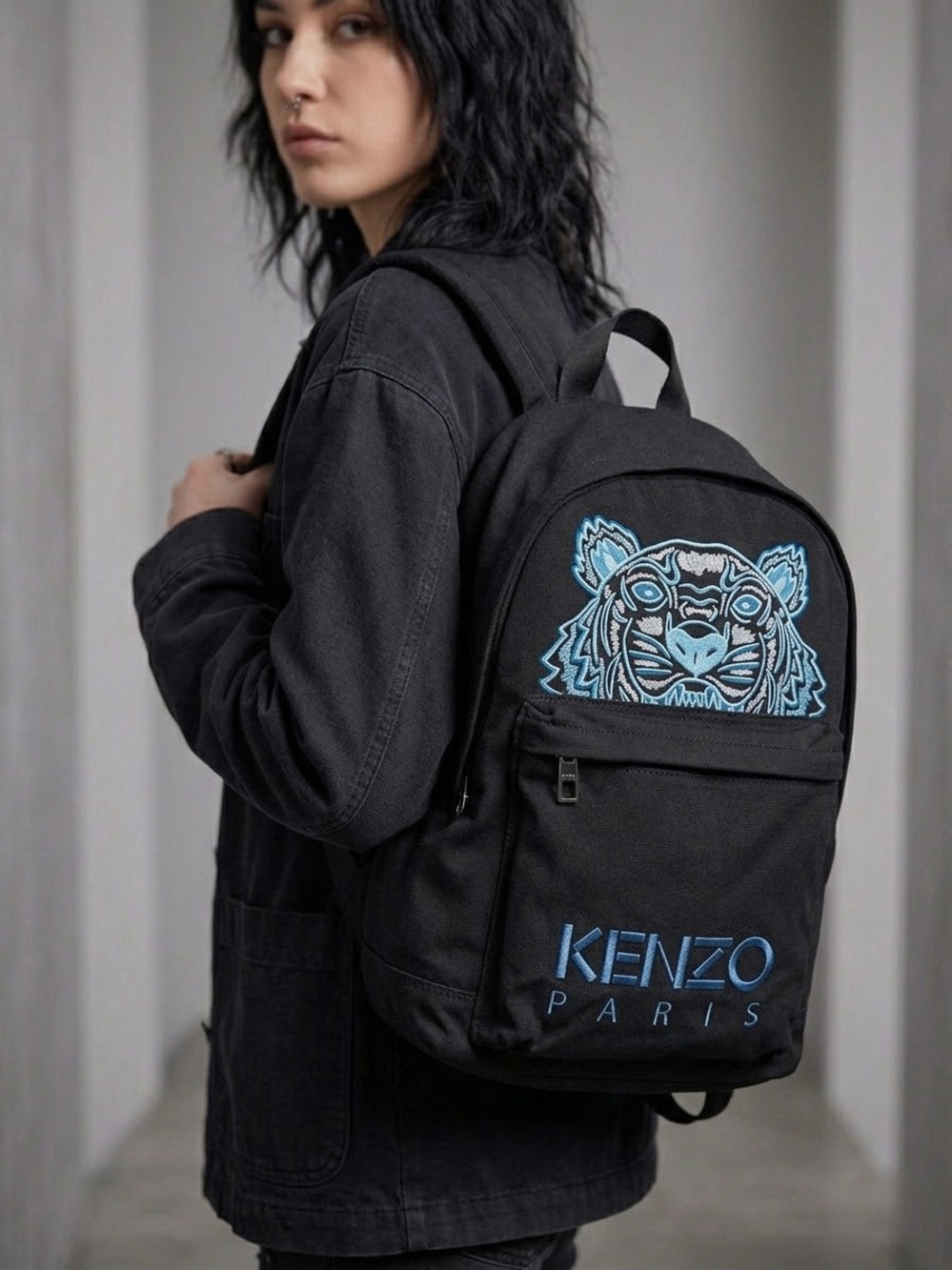 KENZO Paris Black Backpack with Blue Tiger Embroidery
